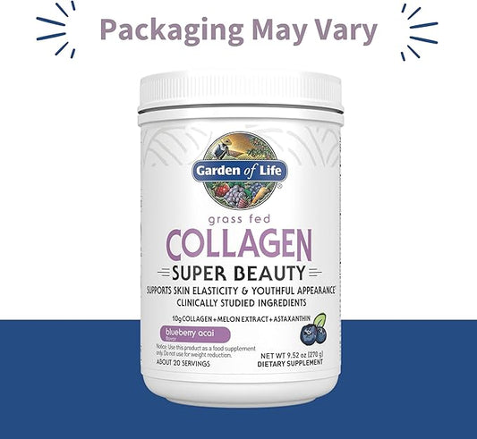Garden of Life Grass Fed Collagen Super Beauty Powder - Blueberry Acai, 20 Servings, Collagen Powder for Women Skin Hair Nails Joints, Collagen Peptides Powder, Collagen Protein, Collagen Supplements