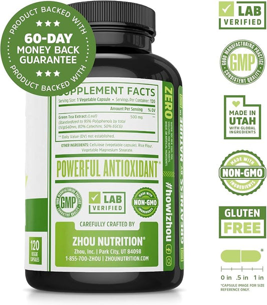 Zhou Nutrition Green Tea Extract Supplement - Green Tea & ECGC for Women & Men, Clean Caffeine Energy, Antioxidant Support, 500mg Per Serving - 120 Vegan Friendly Capsules
