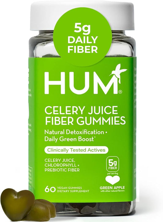 HUM Celery Juice Fiber Gummies for Adults, First Prebiotic Celery Juice Gummy, Gluten Free Fiber Supplement Supports Detoxification, Gut Health, Greens Gummies, Chlorophyll & Prebiotic Fiber, 60 Count