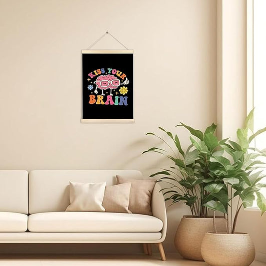 Ecezatik Mental Health Wall Decor, Kiss Your Brain Inspirational Poster Hanger Frame, Motivational Wall Decor for Classroom Nursery Kids Room Playroom, 12x16 Inches