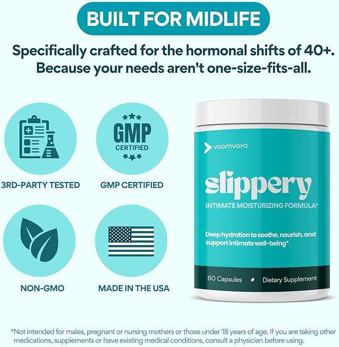 VoomVaya Slippery – Vaginal Dryness Relief for Women Over 40 – with Slippery Elm for Women to Promote Vaginal Moisture – 60 Capsules