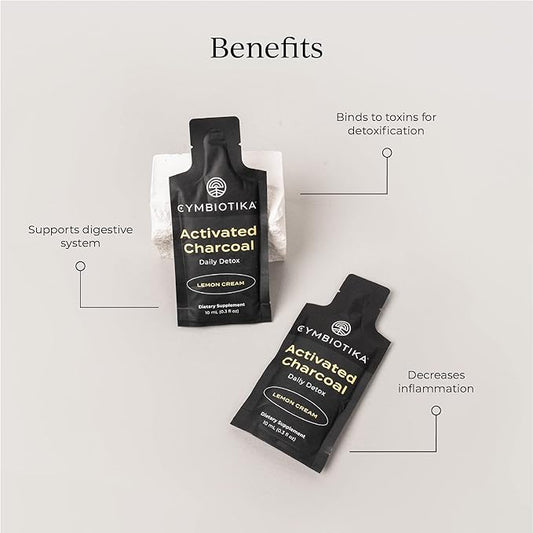 CYMBIOTIKA Activated Charcoal Liquid Supplement Packets from Coconuts for Bloating, Gut Health & Digestive Support, Helps Detox, Vitamin E, Lemon Cream Flavor, Vegan, 26 Pack