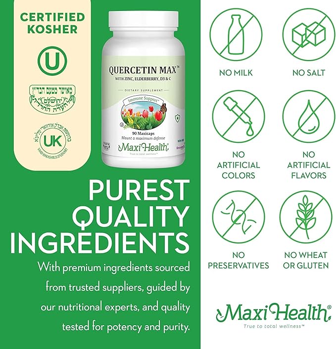Maxi Health Quercetin 500mg Capsules – Zinc Supplements for Women and Men – Non-GMO, Kosher, and Gluten-Free Quercetin Supplements with Elderberry Vitamin C and Zinc (90 Veg Capsules, Pack of 2)