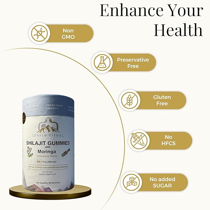 Pure Himalayan Shilajit and Moringa Gummies – Boost Energy, Focus & Vitality – 75% Fulvic Acid – 100% Vegan, Gluten-Free, No Added Sugar – 60 Gummies