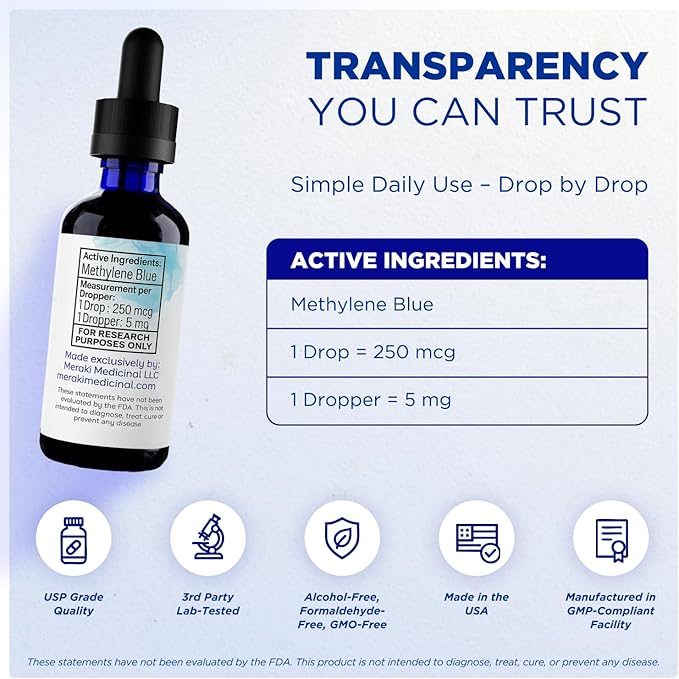 Meraki Methylene Blue – Pharmaceutical Grade Cognitive and Cellular Support – Third-Party Verified Brain Health Dietary Supplement for Humans – 30ml Dropper Bottle