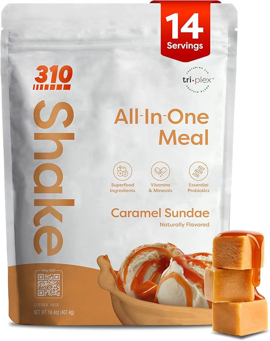310 Nutrition All-In-One Meal Replacement Shake Powder - Plant-Based Protein Smoothie Blend w/High Fiber, Probiotics & Adaptogens - Low Carb, Vegan, Keto & Paleo Friendly - Caramel Sundae - 14 Srv