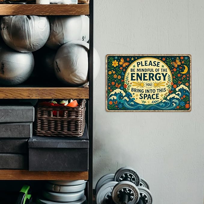Please Be Mindful of the Energy You Bring Tin Sign – Spiritual Wall Decor for Home, Yoga Room, or Meditation Space – Retro Metal Wall Art Aesthetic, Positive Energy Tin Sign 8x12 Inch