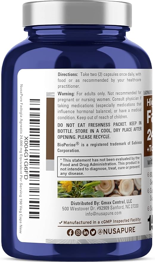 NusaPure Fadogia Agrestis 24,000mg + Tongkat Ali 80,000mg - 150 Veggie Caps - Non-GMO, Made in USA, Serving 2 VCaps, BioPerine