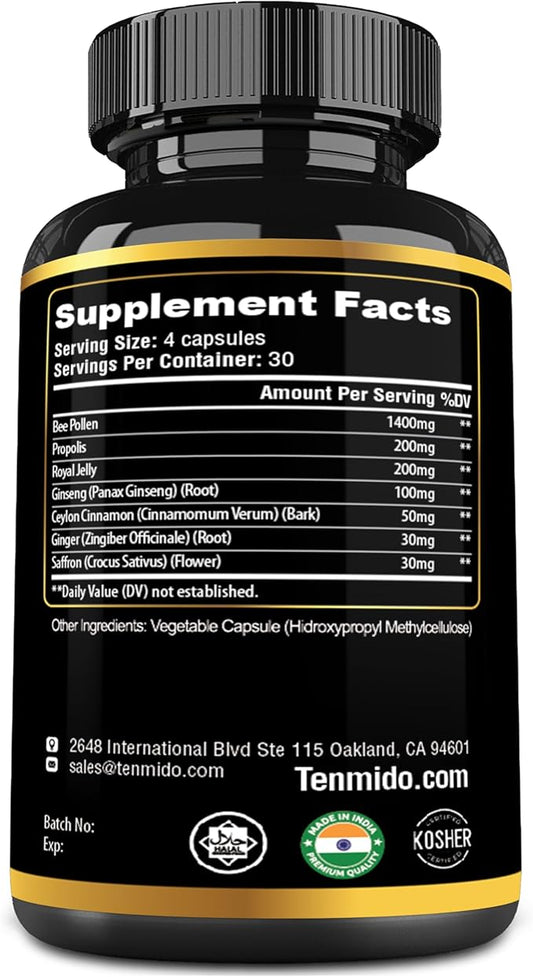Organic Bee Pollen Supplement - 7in1 Formula - Combine with Propolis, Royal Jelly, Panax Ginseng, Ceylon Cinnamon, Ginger, and Saffron - Digestive Health, Immune Support - 120 Capsules