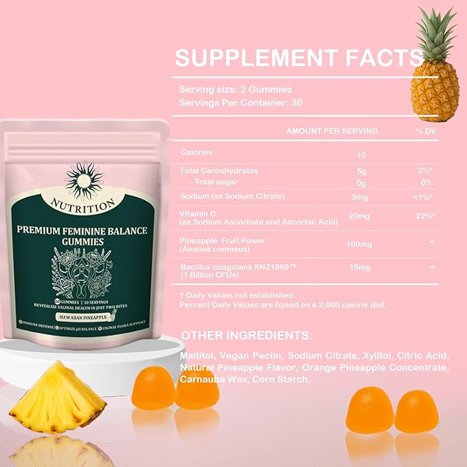 Feminine Balance Gummies – Daily pH Balance & Vaginal Health Support, Probiotics for Womens Odor & Confidence Pineapple Flavor Vegan & Sugar-Free (30-Day Supply)