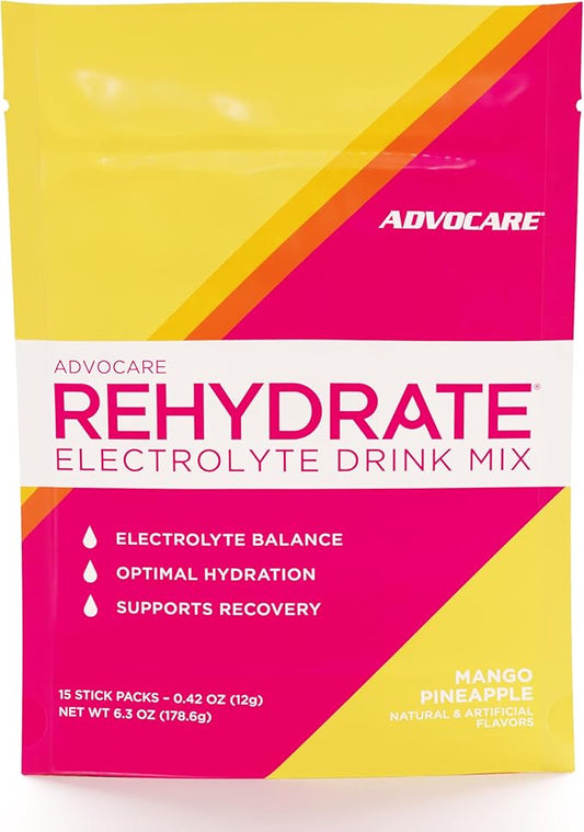 AdvoCare Rehydrate Electrolyte Drink Mix - Hydration & Recovery Drink with Sodium, Potassium & More - Mango Pineapple - 15 Hydration Packets