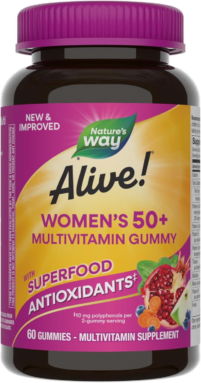 Nature's Way Alive! Women's 50+ Daily Gummy Multivitamins, Women's Supplements, Supports Healthy Heart, Brain & Bones,* B-Vitamins, Mixed Berry Flavored, 60 Gummies (Packaging May Vary)