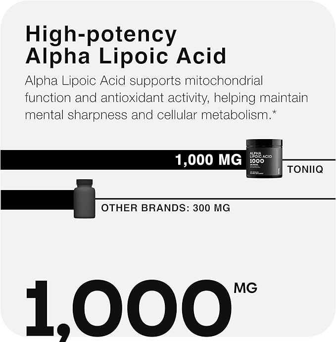 Toniiq 1000mg Ultra High Strength Alpha Lipoic Acid Capsules - Highly Purified 99%+ USP Standard - 120 Capsules ALA Supplement