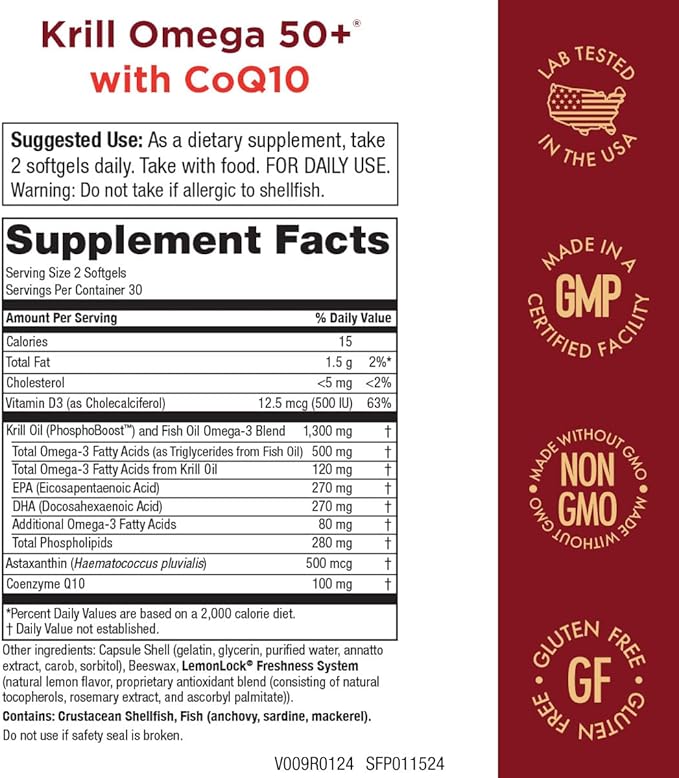 Krill Omega 50 Plus w/ CoQ10 from Purity Products - 1300mg Krill Oil and Fish Oil Blend - 100mg CoQ10 - 500mg Natural Astaxanthin - Support for Joint, Brain Health and more - 60 Mini Softgels