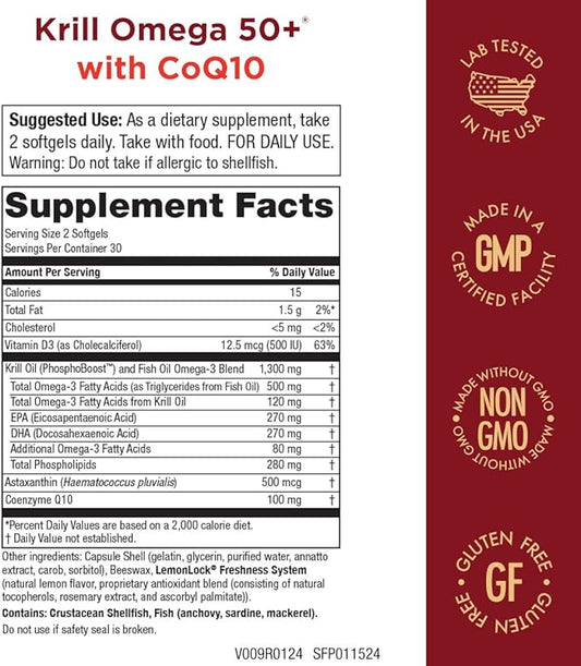 Krill Omega 50 Plus w/ CoQ10 from Purity Products - 1300mg Krill Oil and Fish Oil Blend - 100mg CoQ10 - 500mg Natural Astaxanthin - Support for Joint, Brain Health and more - 60 Mini Softgels