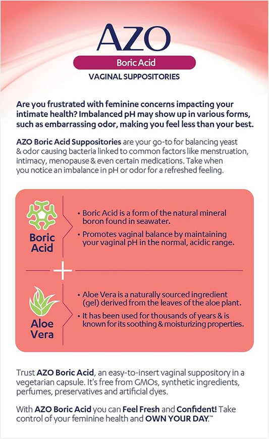 AZO Boric Acid Vaginal Suppositories, Helps Support Odor Control and Balance Vaginal PH with Clinically Studied Boric Acid, Non-GMO, 30 Count (Pack of 2)