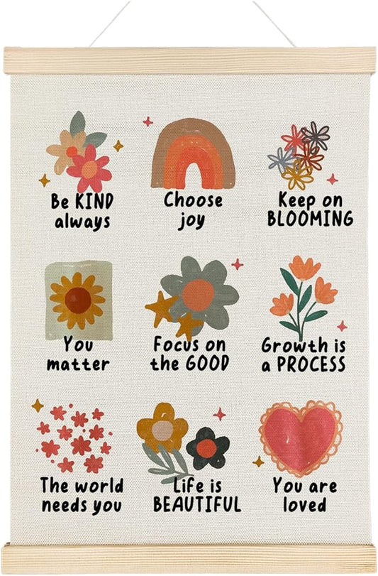 Nrleey Positive Affirmations Wall Decor with Wooden Poster Hanger - Therapy Office Decor, Boho Floral Mental Health Wall Art Posters for Girls Room Bedroom Home, 12x16 Inch