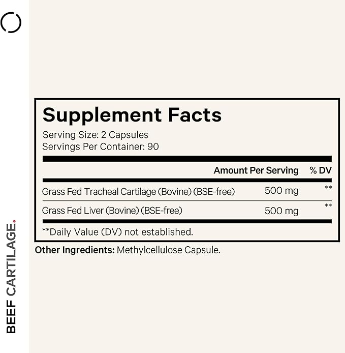 Codeage Grass Fed Beef Cartilage Supplement - Freeze Dried, Non-Defatted, Desiccated Beef Tracheal Bovine Cartilage & Liver Pills – Pasture Raised Argentina Beef Vitamins - Non-GMO -180 Capsules