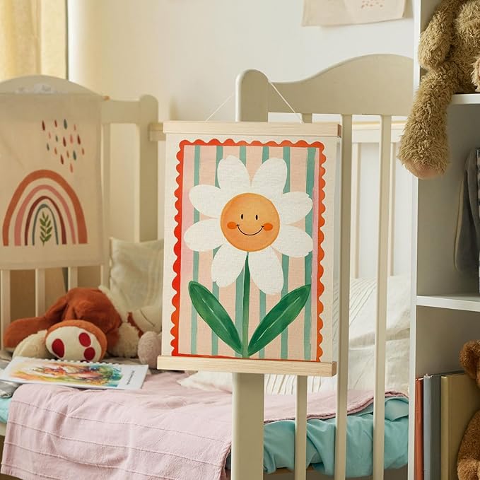 Nrleey Boho Nursery Wall Decor - Smiley Flower Wall Art With Wooden Poster Hanger, Boho Nursery Decor, Boho Floral Poster Wall Decor for Nursery Bedroom Room Classroom, 12x16 Inch