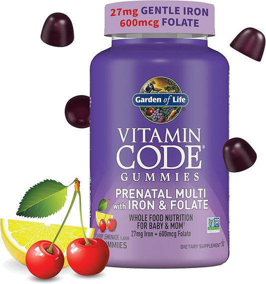 Garden of Life Prenatal Gummy Vitamins for Women with Iron: Folate, Biotin, D3 & Probiotics for Digestion, Vitamin Code Multivitamin, Non-GMO, Gluten-Free, 90 Cherry Lemonade Gummies, 30 Day Supply