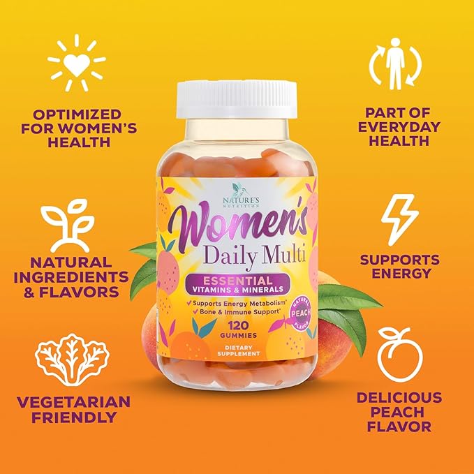 Womens Complete Daily Multivitamin Gummies with Vitamin A, C, D, E, B6, B-12, Biotin & Calcium, Immune Health Support, Womens Multivitamin Gummy, Peach Flavored Daily Vitamins for Women - 120 Gummies