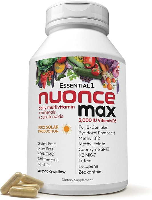 ANDREW LESSMAN Essential-1 nuonce max Multivitamin 3000 IU Vitamin D3 180 Small Capsules. 100 mcg Methyl B12. CoQ10 Lutein Lycopene Zeaxanthin. High Potency. No Additives. Ultra-Mild One Daily Capsule