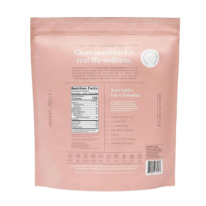 Be Well by Kelly Chocolate Grass-Fed Beef Protein Powder, 24G of Protein & 1G Net Carbs (3 Ingredients, 30 Servings) 9 Amino Acids + 3 BCAAs No Soy, No Dairy, Stevia-Free, No Sugar Added 1.87lb 849g