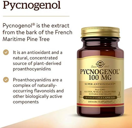 Solgar Pycnogenol 100 mg, 30 Vegetable Capsules - Antioxidant Protection - Healthy Leg & Vein Support - Non-GMO, Vegan, Gluten Free, Dairy Free, Kosher - 30 Servings