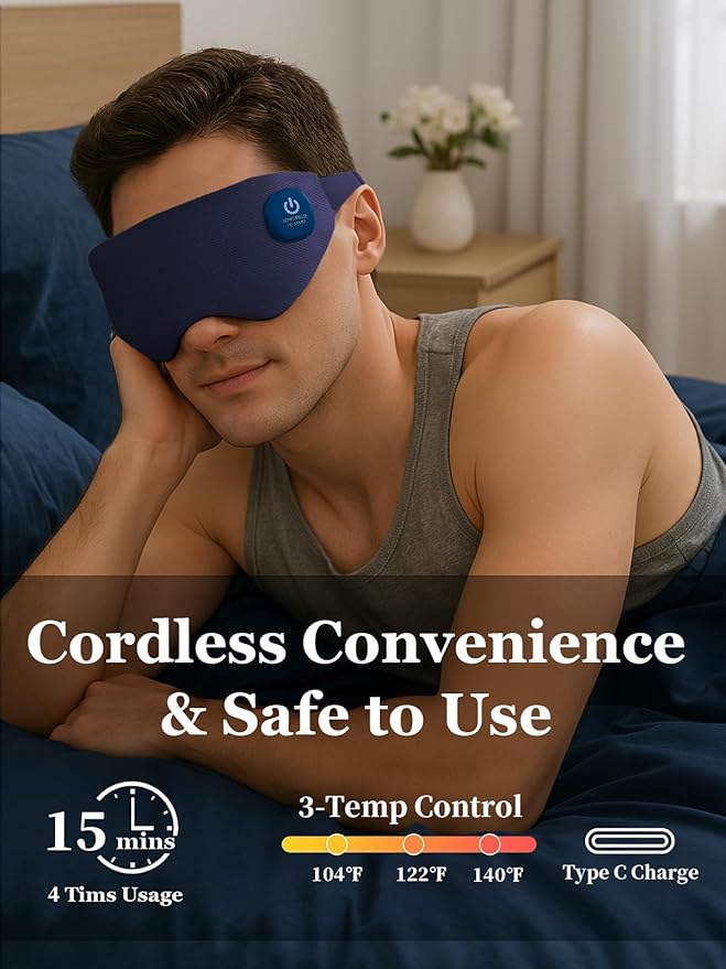 Cordless Heated Eye Mask, Warm Eye Compress for Dry Eyes, Blocking Light Sleeping Mask for Women Men, Washable Eye Heating Pad for Travel, Dry Eyes, Blepharitis, Sinus Migraine (Blue)