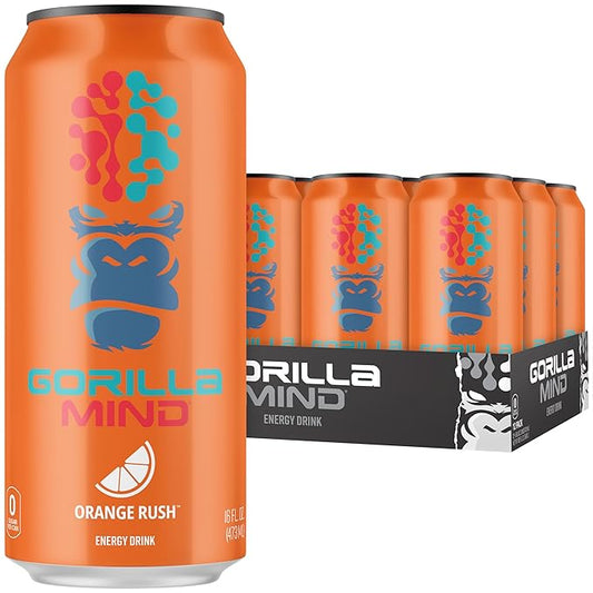 Gorilla Mind Energy Drink | Unmatched Energy · Amplified Focus | N-Acetyl-L-Tyrosine, Alpha-GPC, 200mg Caffeine, Uridine, Saffron | 0 Sugar Or Artificial Colors | 16oz, 12-Pack (Orange Rush)