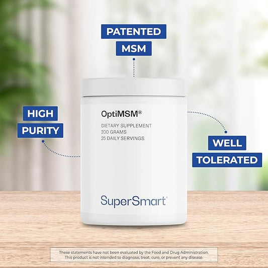 Supersmart OptiMSM (Patented & High Purity Formula) - Methyl-Sulfonyl-Methane MSM Powder Supplement | Vegan & Gluten Free - 200 g