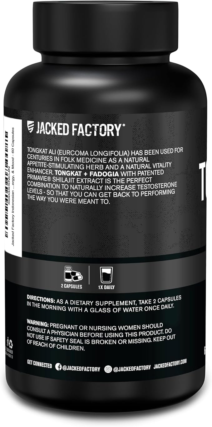 Jacked Factory Indonesian Tongkat Ali + Fadogia Agrestis - 200:1 Extract Longjack Tongkat Ali for Men with Fadogia Agrestis 600mg & Primavie Shilajit to Support Vitality, Energy, & Mood - 60 Capsules