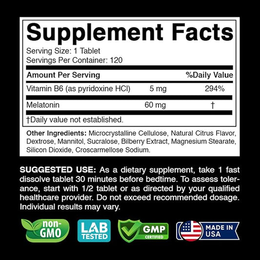 Melatonin 60 mg with Vitamin B6 – 120 Fast Dissolve Tablets Extra-Strength Sleep Support – Drug-Free – Natural Citrus Flavor – Vegetarian, Non-GMO, Gluten-Free