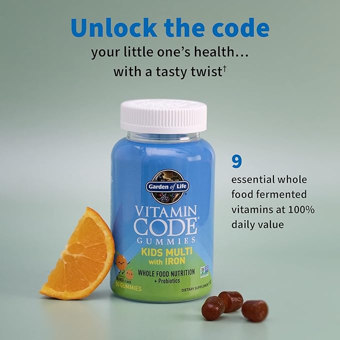 Garden of Life Kids Multivitamin Gummy with Iron + Probiotics for Immune Health & Digestion, Energy & Development, Vitamin Code, Non-GMO, Gluten-Free, 90 Orange Gummies, 30 Day Supply