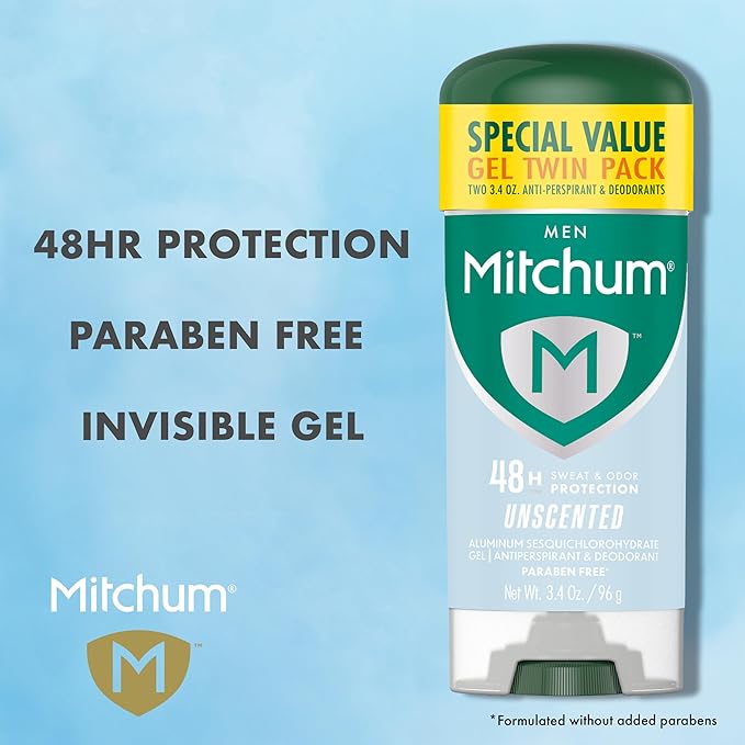 Mitchum Men’s Triple Odor Protection Antiperspirant & Deodorant Gel, Unscented, 48HR Protection, 2 pack