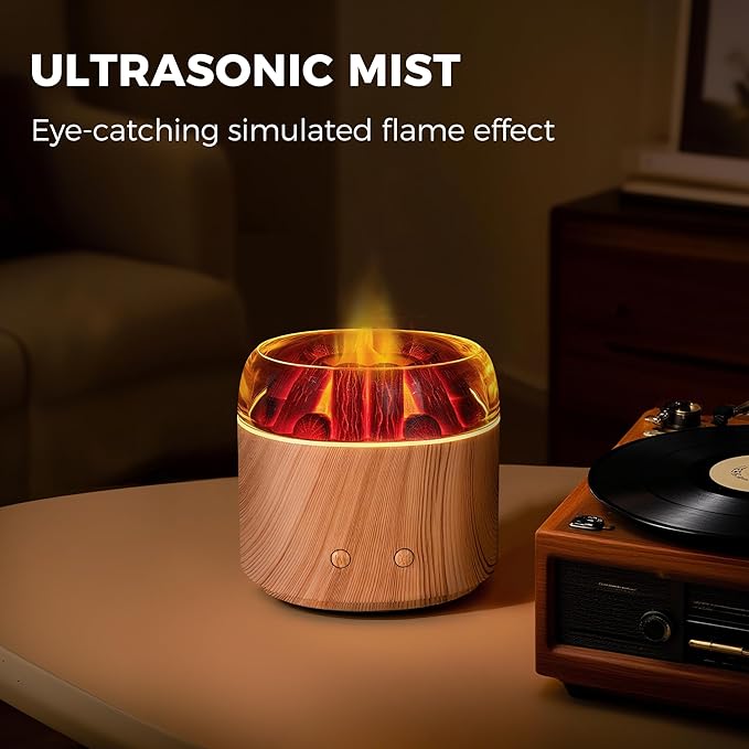 Mini Bonfire Air Diffuser, Ultrasonic Cool Mist Aroma Scent Diffuser for Essential Oils, Fire Mist Humidifier with Warm LED Glow, 2 Brightness, Auto-Off, Night Light for Room Home Office – Light Wood