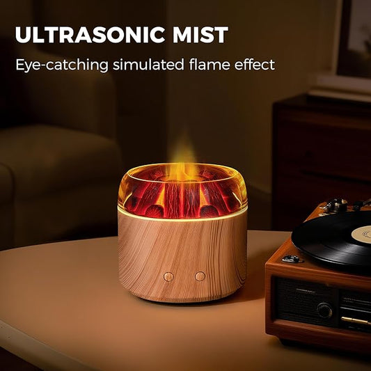 Mini Bonfire Air Diffuser, Ultrasonic Cool Mist Aroma Scent Diffuser for Essential Oils, Fire Mist Humidifier with Warm LED Glow, 2 Brightness, Auto-Off, Night Light for Room Home Office – Light Wood