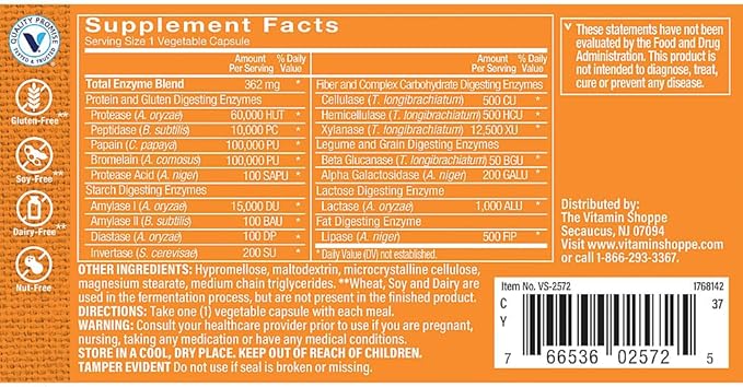 The Vitamin Shoppe Digest Extra - Digestive Enzymes for Fats, Carbohydrates and Protein Including a Digestive Aid for Gluten and Dairy - Supports Nutrient Absorption (90 Vegetable Capsules)