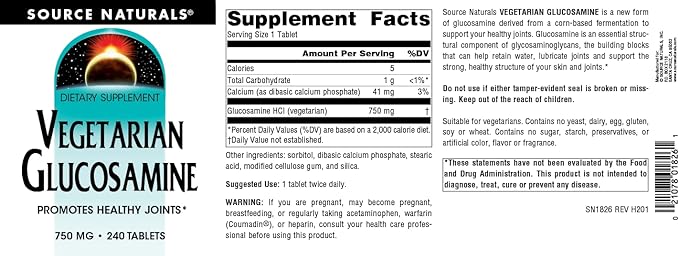 Source Naturals Vegetarian Glucosamine, Promotes Healthy Joints* 750 mg Tablet - 240 Count
