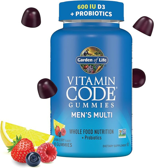 Garden of Life Men’s Multivitamin Gummy, Vitamins for Energy, Stamina & Stress, Probiotics for Digestive & Immune Health, Vitamin Code, Non-GMO, Gluten-Free, 90 Lemon Berry Gummies, 30 Day Count