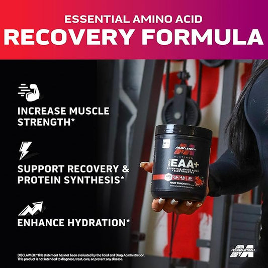 MuscleTech Platinum Essential Amino Acids Supplement with Electrolytes, Fruit Punch - Pre-Workout Powder for Energy, Muscle Growth & Strength Builder - EAA Complex for Men & Women - 30 Servings