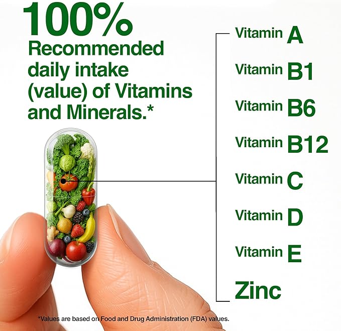 1000mg Immune Support Capsules Made with 25 Organic Fruits and Vegetables, Strong Immunity Boosters with Vitamins A, C, D3, and Zinc, 60 Count