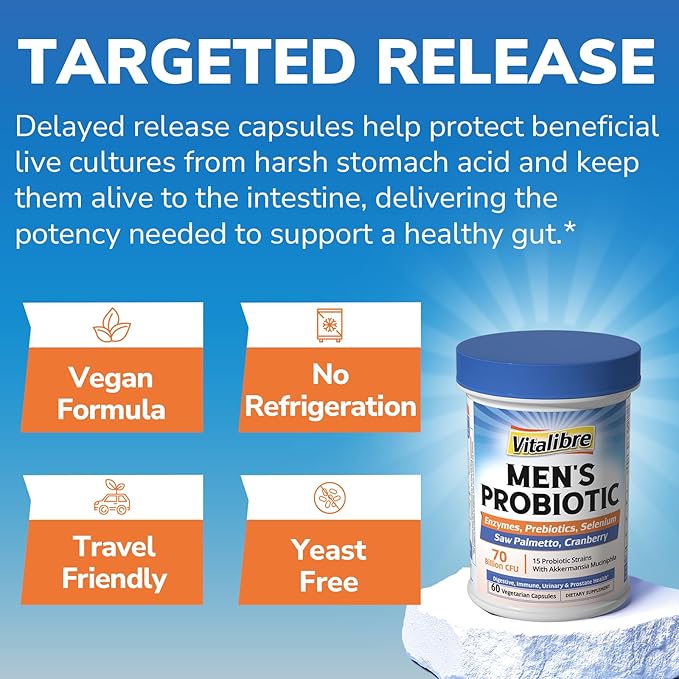 Probiotics for Men, 70 Billion CFU 15 Strains, Selenium, Enzymes, Saw Palmetto, Cranberry for Digestive, Gut, Immune, Prostate & Urinary Tract Health, Shelf Stable, 60 Capsules