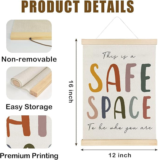 Nrleey Boho This Is A Safe Space Wall Decor with Wooden Poster Hanger - Therapy Counselor Office Decor, Mental Health Wall Art Posters for Calming Corner Classroom Playroom, 12x16 Inch