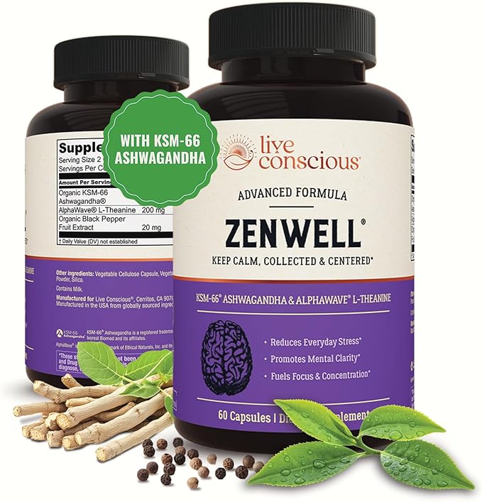 Live Conscious KSM-66 Ashwagandha Supplement w/L Theanine & AlphaWave - ZenWell Everyday Stress Relief, Cognitive, Brain Health - Ashwagandha for Men & Women - 60 Capsules