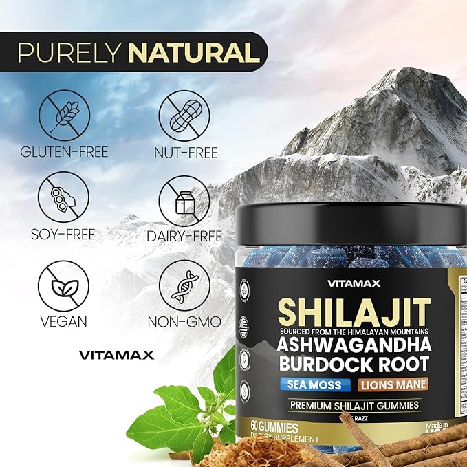 Organic Shilajit Gummies, Sea Moss, Ashwagandha, 105+ Trace Minerals – Organic Burdock Root & Lions Mane Mushroom - Blue Razz – Vegan & Non-GMO – Made in USA – 60ct