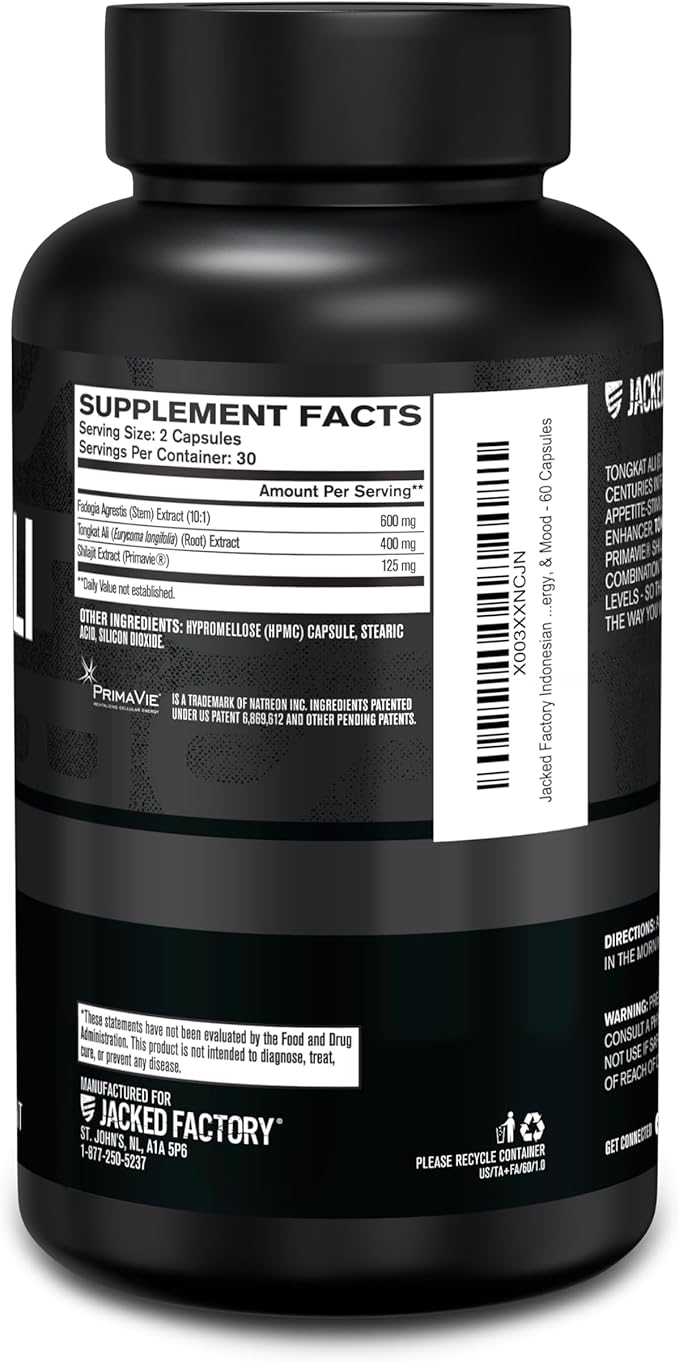 Jacked Factory Indonesian Tongkat Ali + Fadogia Agrestis - 200:1 Extract Longjack Tongkat Ali for Men with Fadogia Agrestis 600mg & Primavie Shilajit to Support Vitality, Energy, & Mood - 60 Capsules