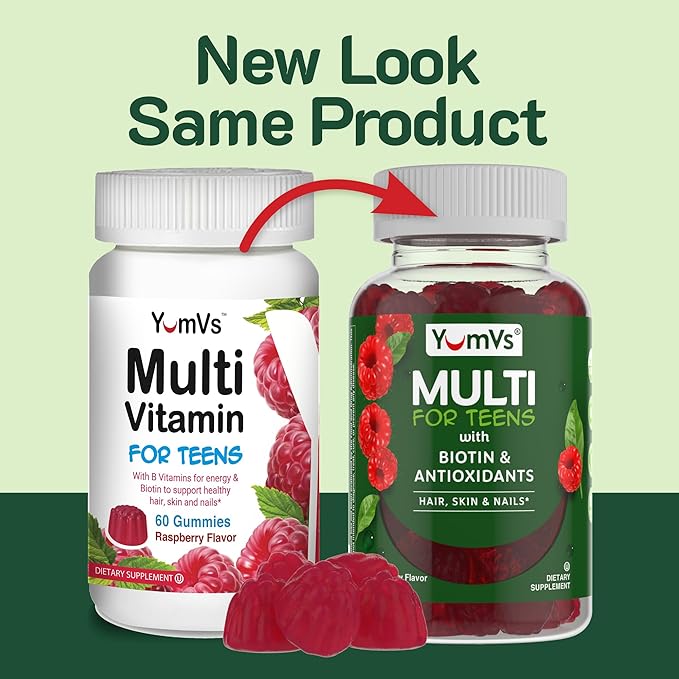 YumVs Teen Multivitamin Gummies with Biotin and Antioxidants - Raspberry Flavor - Hair Skin Nails Support - Kosher Teenager Vitamins for Boys and Girls 12-17 - Teen Gummy Multi Vitamin (60 Count)