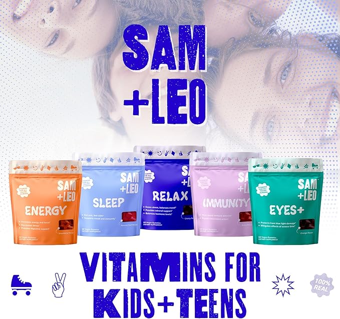 SAM+LEO Sleep - Passionflower, Vitamin B6 & Melatonin Gummies for Kids & Teens - All Natural & Vegan Relaxation & Sleep Gummies for Kids - Passion Fruit Flavor - 60/ct