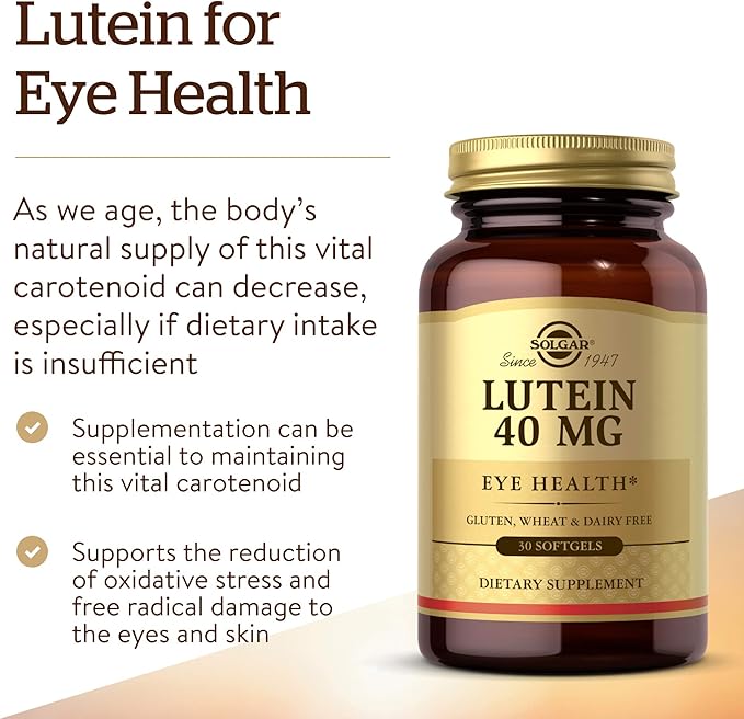 Solgar Lutein 40 mg, 30 Softgels - Supports Eye Health - Helps Filter Out Blue-Light - Contains FloraGLO Lutein - Gluten-Free, Dairy Free - 30 Servings